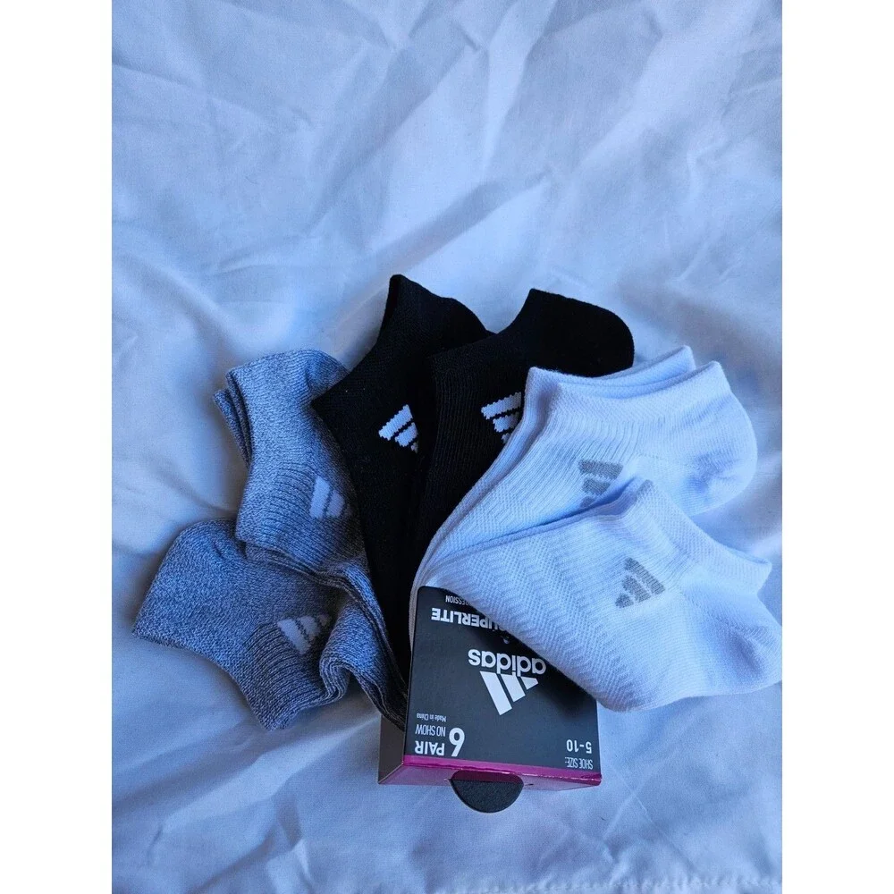 Adidas Womens No Show Socks 6 Pairs‎ Black White Gray Superlite Compression 5-10